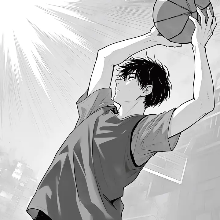 漫蛙品牌插画：黑白线稿风格的少年跃起投篮，用来示意漫画分格画面，非剧照