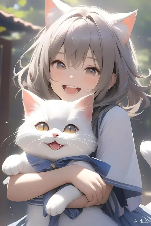 漫蛙品牌插画：抱着白猫笑的猫耳少女，示意轻松题材，非剧照